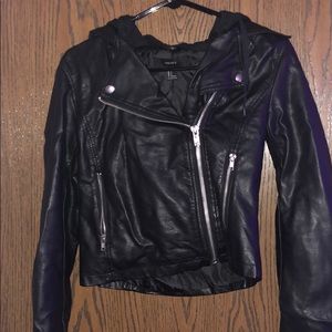 black leather jacket with hood